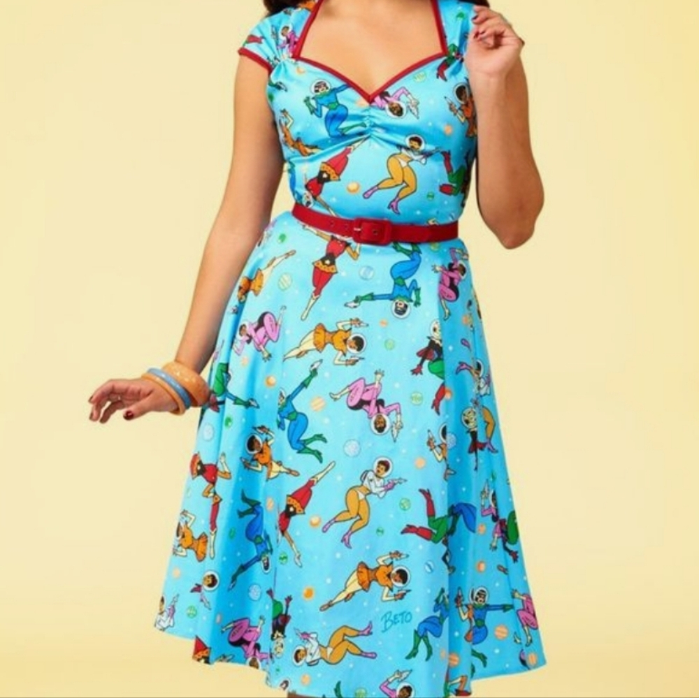 Pinup Couture Blue Cartoon Print Midi Dress